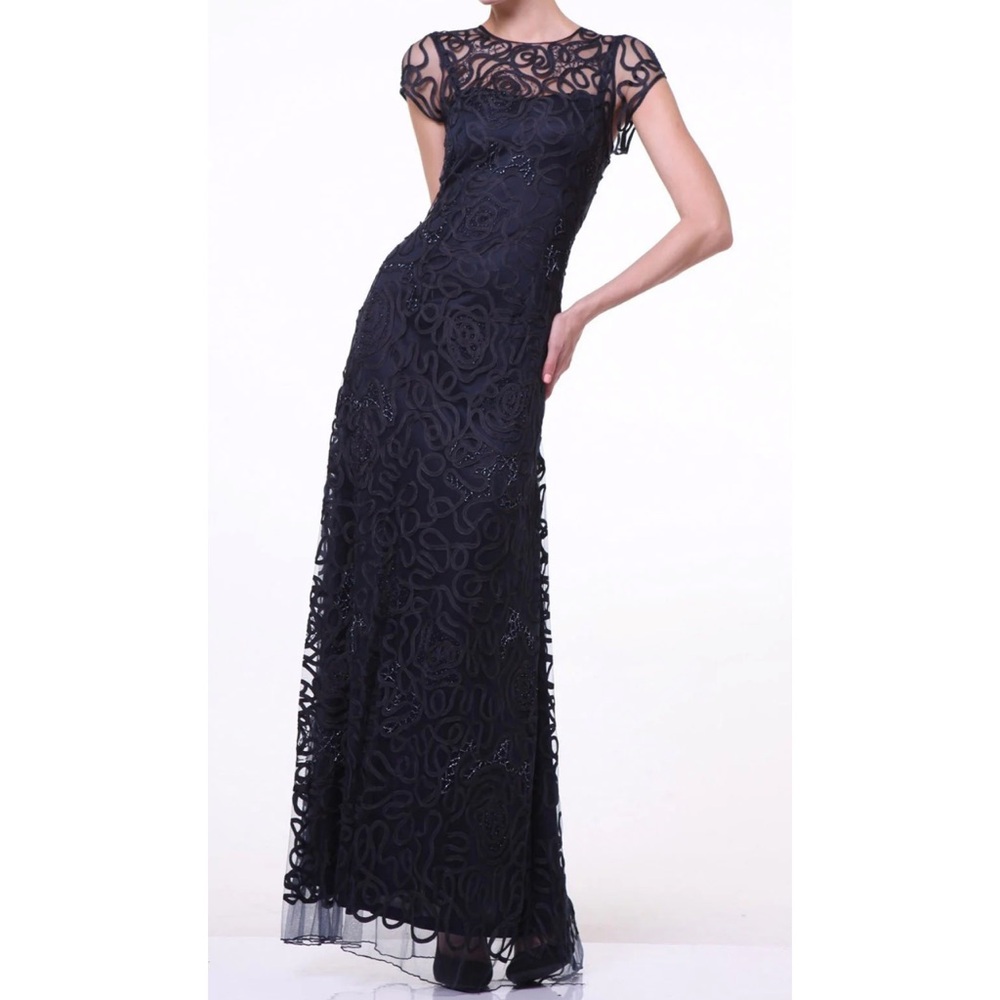 Anny Lee Gray Swirl Appliqué Short Sleeve Fitted Long Gown XS - Picture 2 of 15